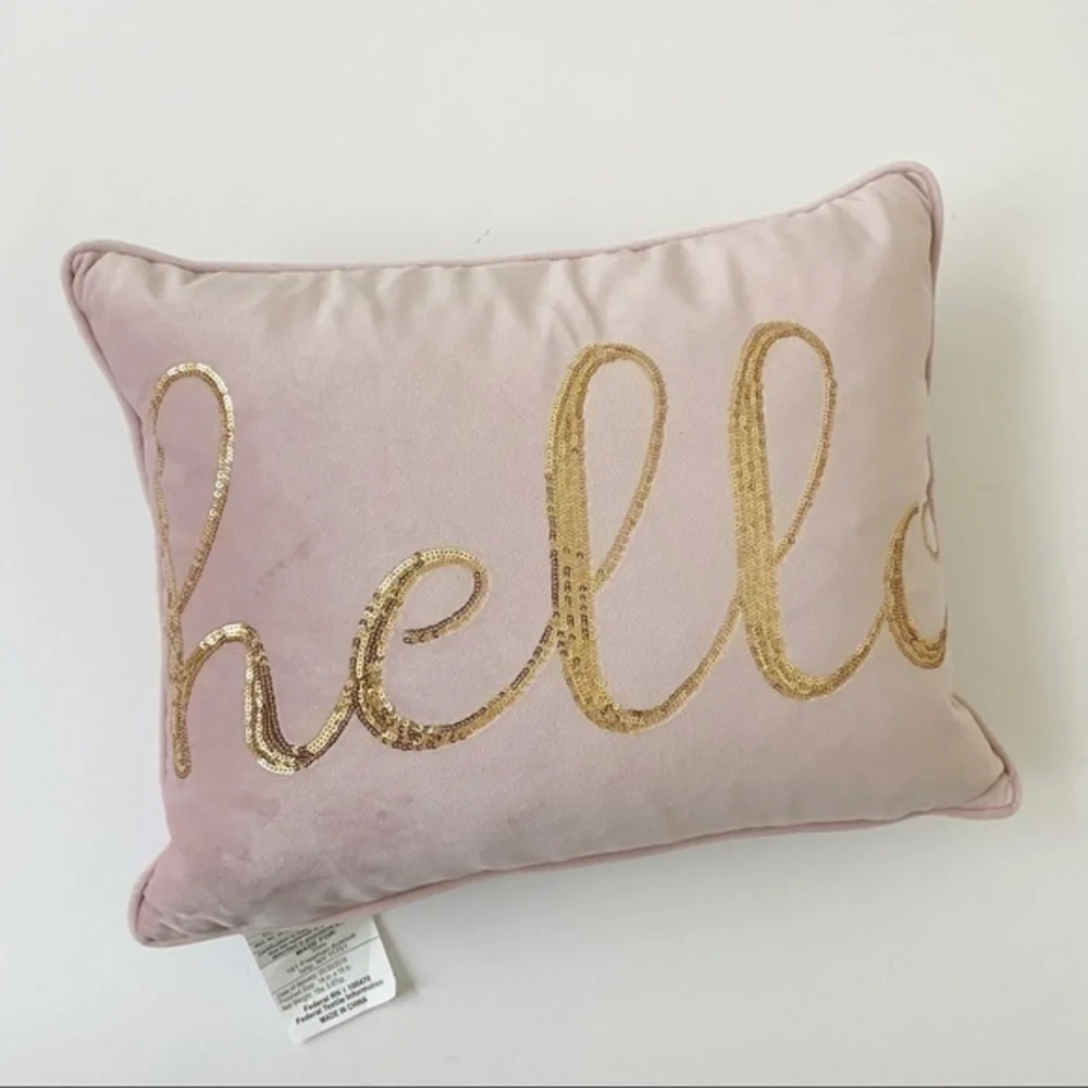 Pink and gold hello accent decorative pillow